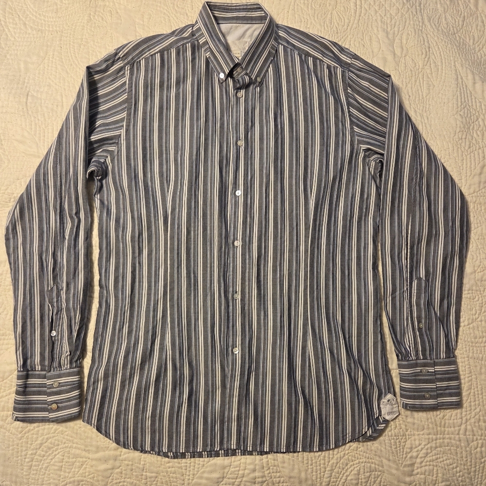 Diesel Men's Button Down Shirt XL 100% Cotton Stripe Gray Blue White